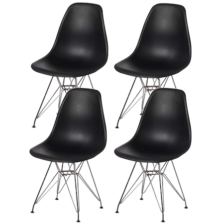 Fabulaxe Mid-Century Modern Style Plastic DSW Shell Dining Chair with Metal Legs, Black, PK 4 QI003947.BK.4